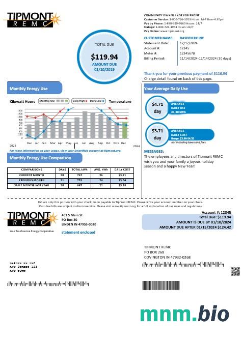 Szablon rachunku za media Biznesowe w USA Indiana Tipmont w formatach Word i PDF